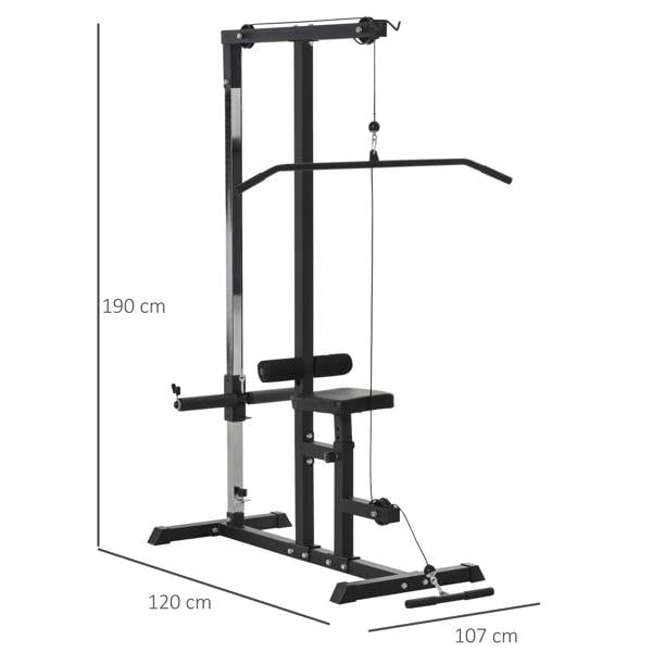 Black exercise pulley power tower with overhead pulley bar and padded seat