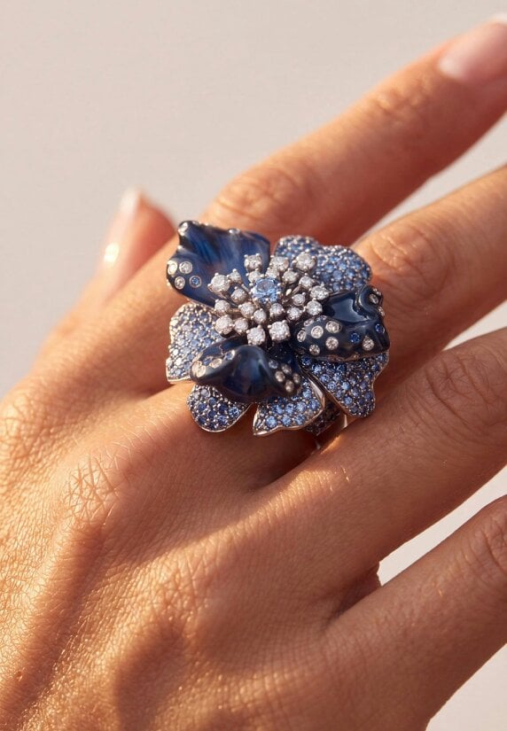 Latelita Blue Orchid Flower Cocktail Ring Silver