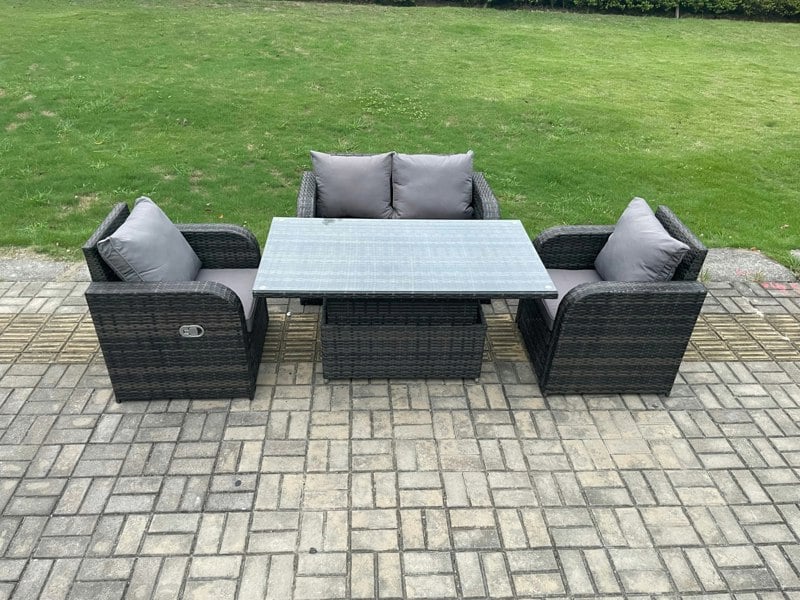 Fimous Wicker PE Rattan Furniture Garden Dining Set Outdoor Patio Height Adjustable Rising lifting Table Love Sofa With Reclining Chair