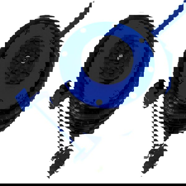 Blue air bag jack with a long lever handle, featuring a textured rubber base and sturdy wheel for easy maneuverability