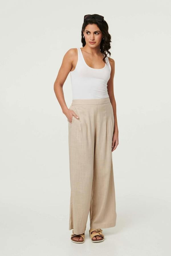 Beige | High Waist Wide Leg Trousers