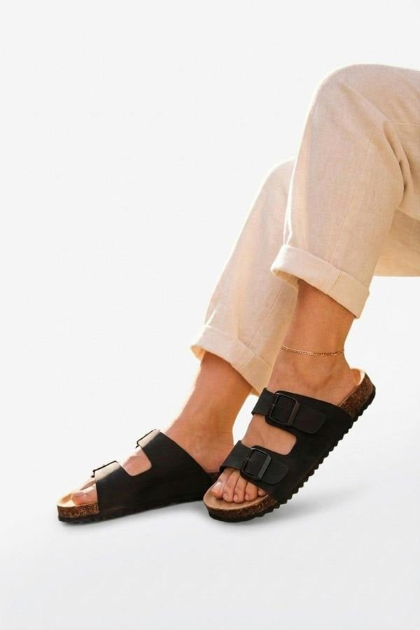 Harper Womens Double Buckle Cork Slide Sandals - LIGHT BROWN_wb