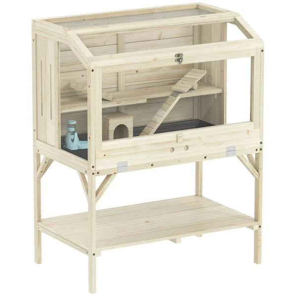 Two-tier wooden hamster cage with open front, upper access door, and ramp shelf