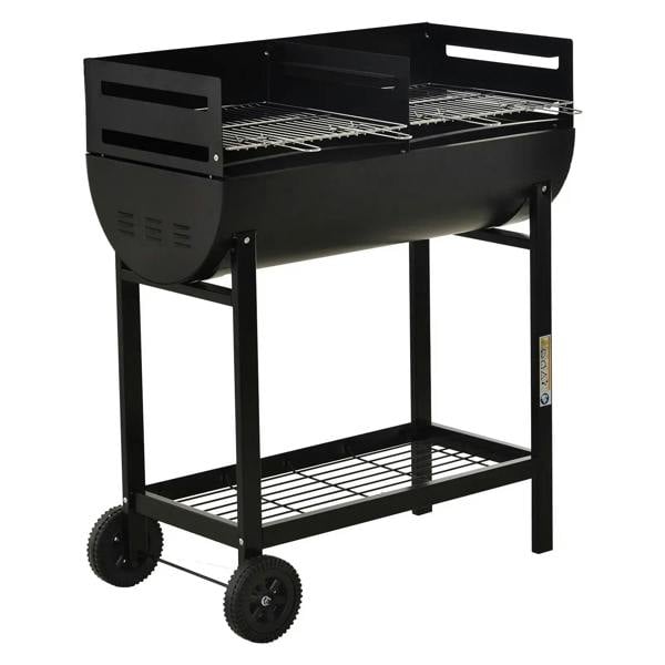 Black charcoal BBQ grill with two cooking grates, lid, side handles, and wheels