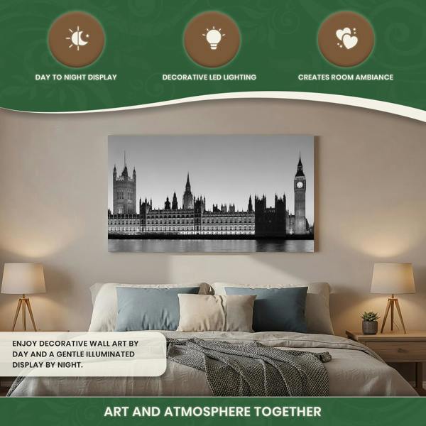Big Ben LED Canvas Wall Art – London Parliament Print with 15 Lights, Stretched Wooden Frame, 100 × 60 cm