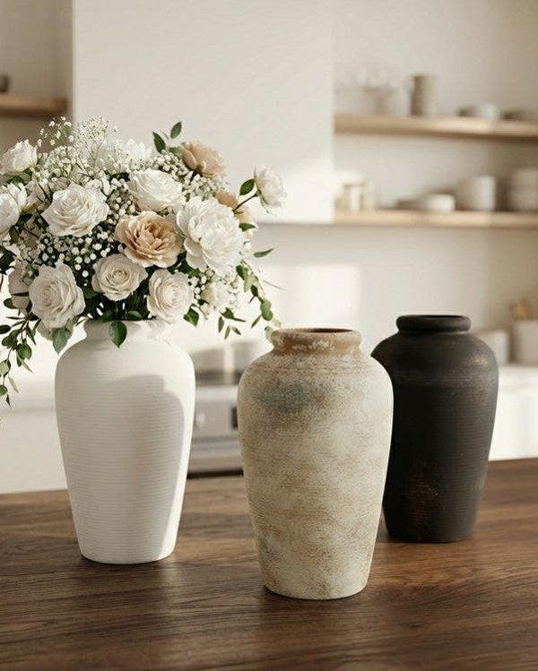 Three vases with flowers and a neutral background