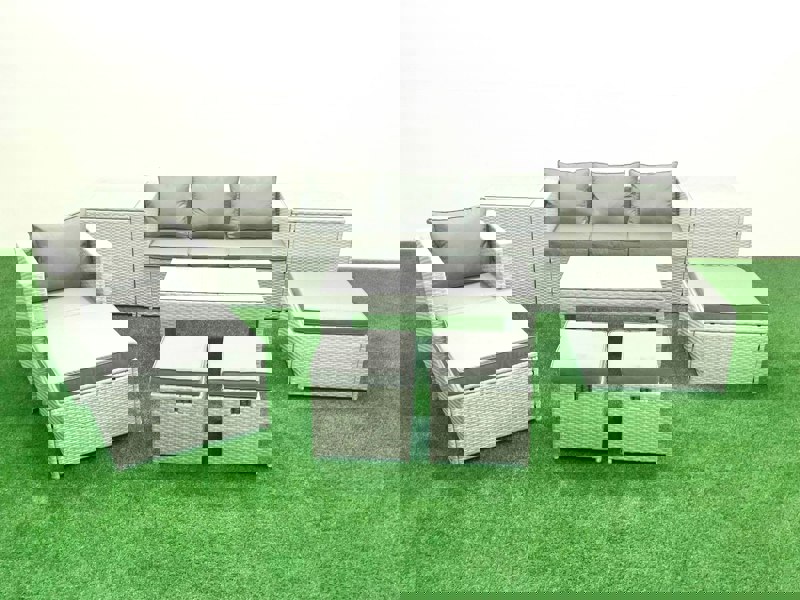 Fimous Rattan Garden Furniture Set Outdoor Lounger Sofa with Coffee Table 4 Footstools 2 Side Tables Light Grey Mixed