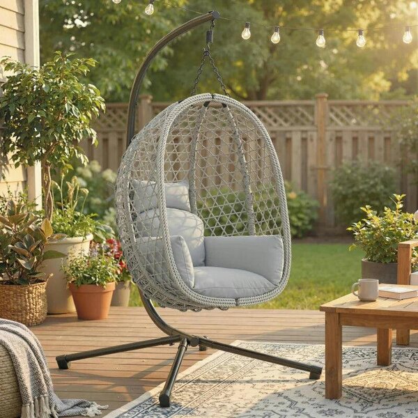 Hanging Egg Chair, Indoor Outdoor Rattan Hammock Swing Chair with Stand, Safety Strap, Foldable Basket, Light Grey