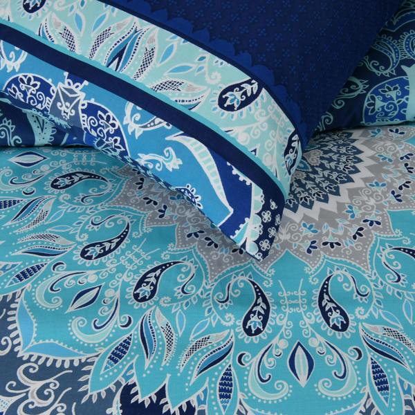 Smart Living Reversible Polycotton Paisley Mandala Duvet Cover and Pillowcase Set - Blue