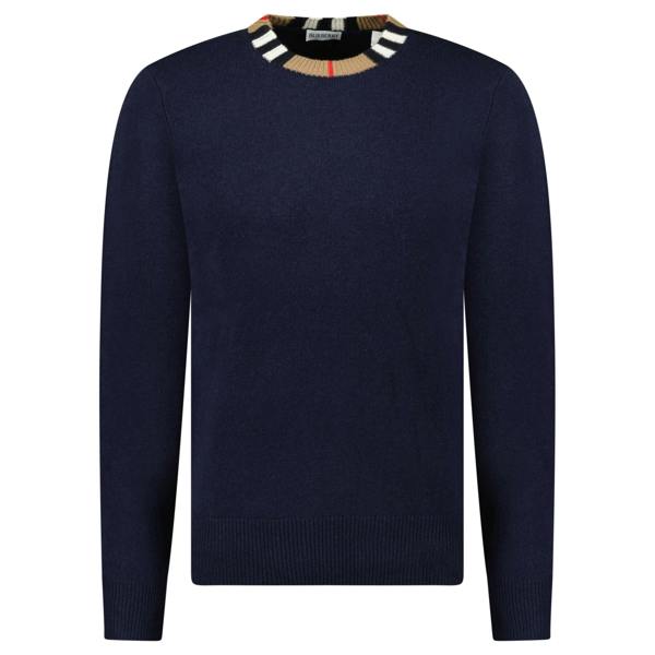 Burberry 'Noland' Knitted Wool/ Cashmere Jumper Check Neck Navy - chancefashionco