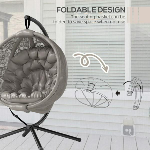 Foldable round egg basket chair with gray cushion and curved black steel frame