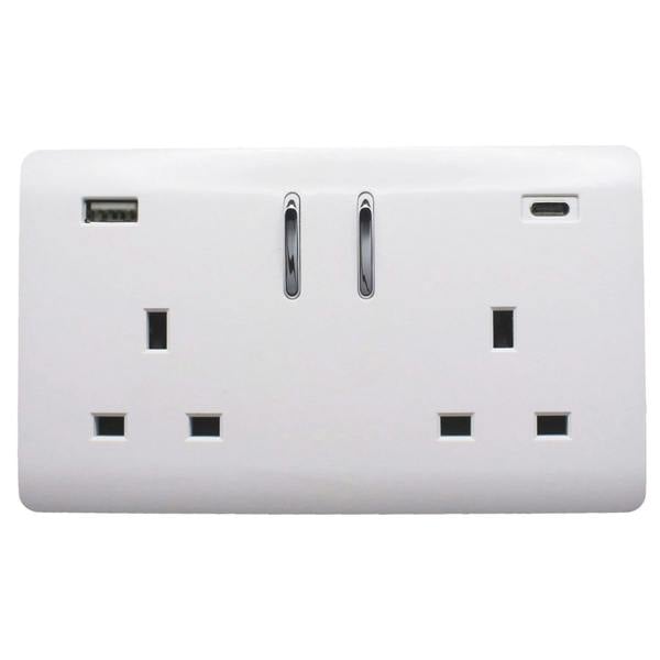 Trendi Switch 2 Gang USB 3100mA Type A & C USB Plug Socket in Ice White
