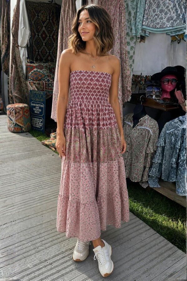 Soul Of Sita Elasticated bodice soft pinks sun dress in beautiful woodblock prints . 100 % cotton voile