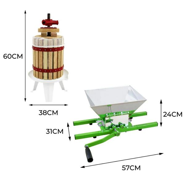 KuKoo fruit crusher and 12-litre fruit press, featuring a wooden barrel with red accents and a stainless steel crushing hopper, ideal for juicing