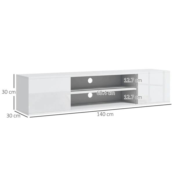 White floating TV cabinet with open shelf, cable cutouts, and 140 cm width