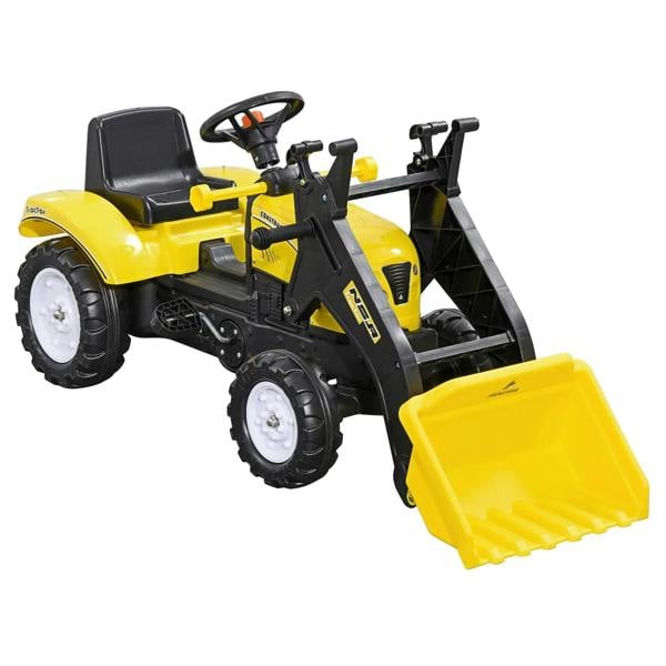 Yellow pedal ride-on excavator go-kart with front loader bucket and black seat