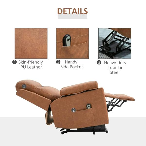 Brown faux leather electric riser recliner chair with side pocket and heavy-duty steel base