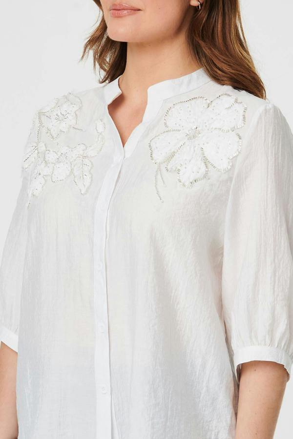 White | Embellished Floral 3/4 Sleeve Shirt