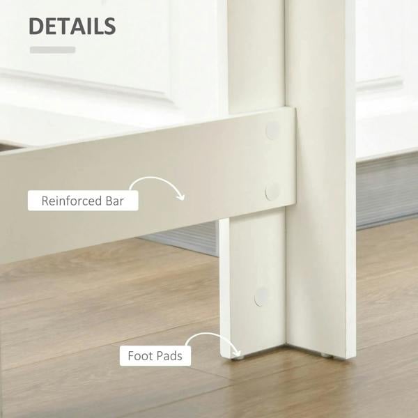 White bar table with reinforced underside and foot pads; natural wood tabletop shown.