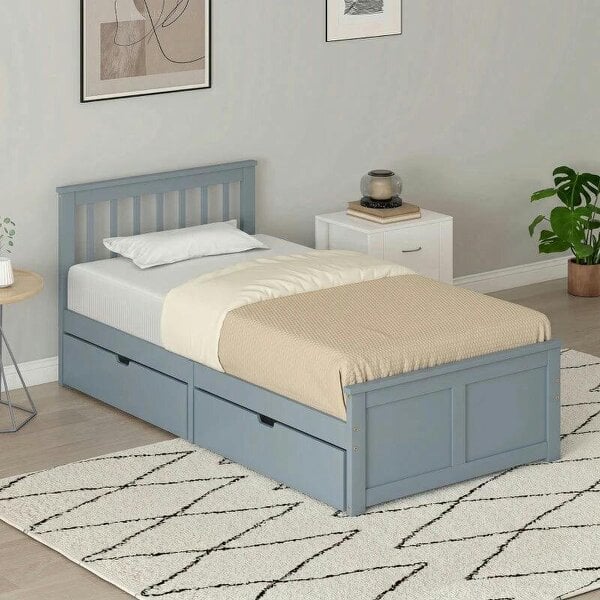 Pine Storage Bed, 3ft Single Solid Wooden Bed Frame with Drawers, Headboard, Wood Slat Support, Grey