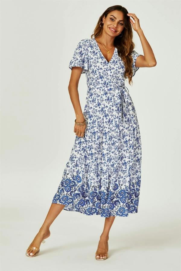 FS Collection Floral Border Print Hem Tiered Midi Dress In White