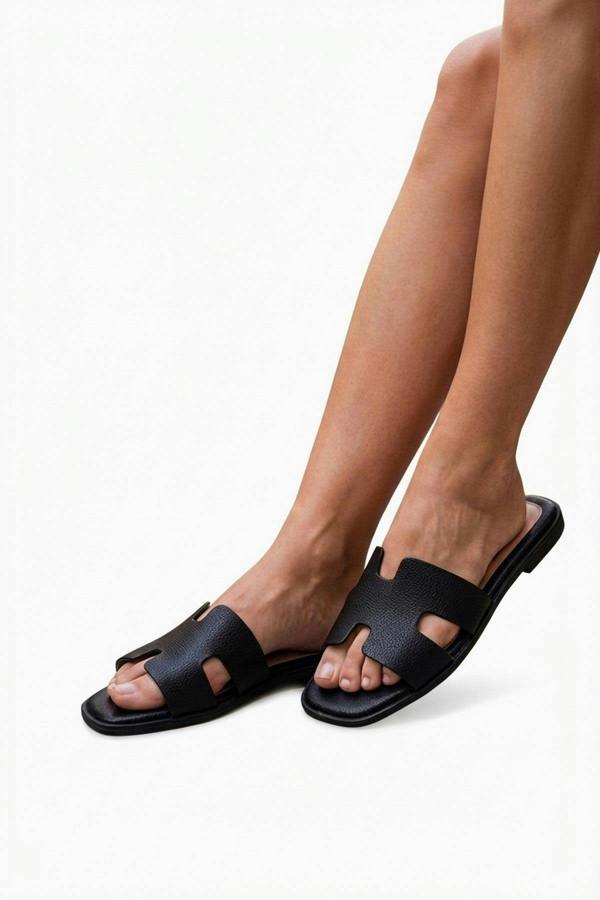Aria Womens H-Strap Flat Slide Sandals - BLACK_wb