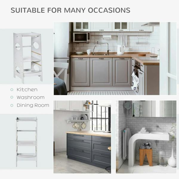 Kids step stool tower shown in home rooms, white frame with side circular openings