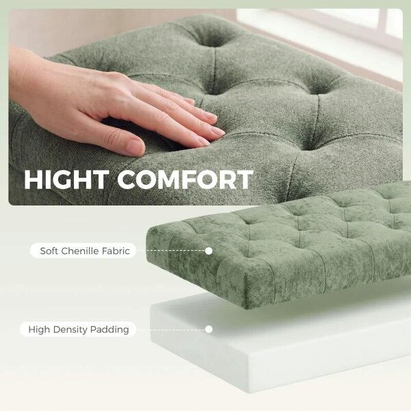 Storage Ottoman, Chenille Upholstered Ottoman Storage Box with Padded Seat, Metal Legs, 114 x 41 x 45 cm, Light Green