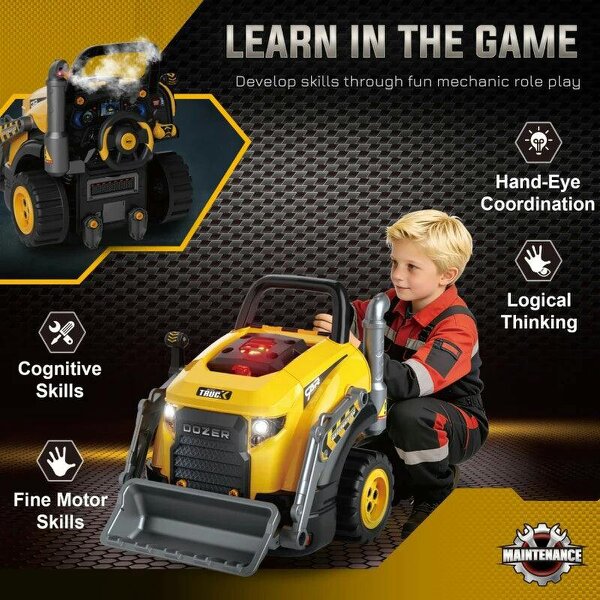 Bobobiy Kids Truck Engine Toy, Excavator Toy Steering Wheel with Spray, Lights and Sounds for 3-6 Years Boys Girls, Yellow
