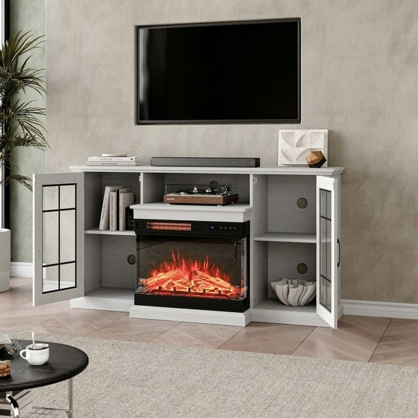 Smallbee 3-Sided Fireplace TV Stand Wood With Glass Door Storage Smallbee UK White Fireplace Only