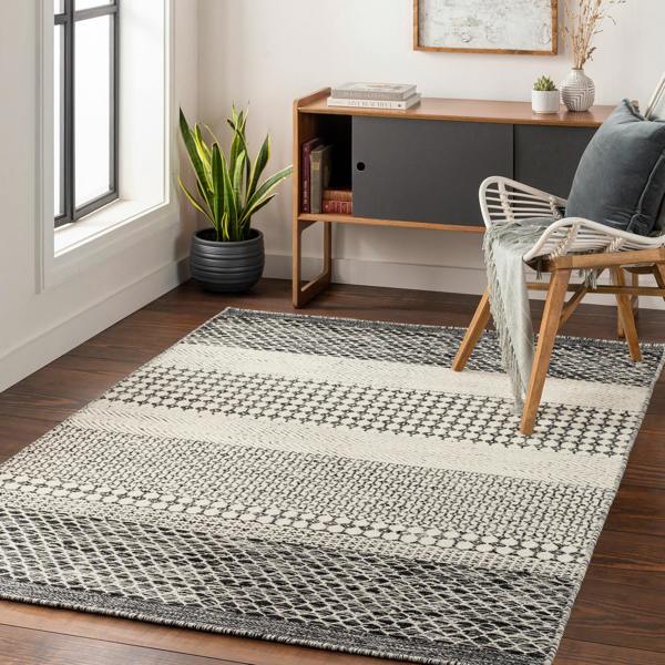 Livabliss Mardin-Hand Woven Black Beige Wool Global Fringe Rug