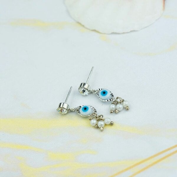 The Colourful Aura White Tiny Pearl Poth Zircon Greek Evil Eye Dangle Drop Handmade Stud Earrings
