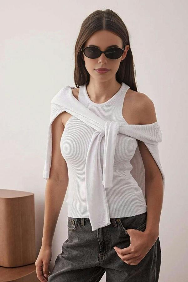 WOVCOR 2-Piece V-Neck Mercerized Look Knitwear Cardigan-Blouse Set