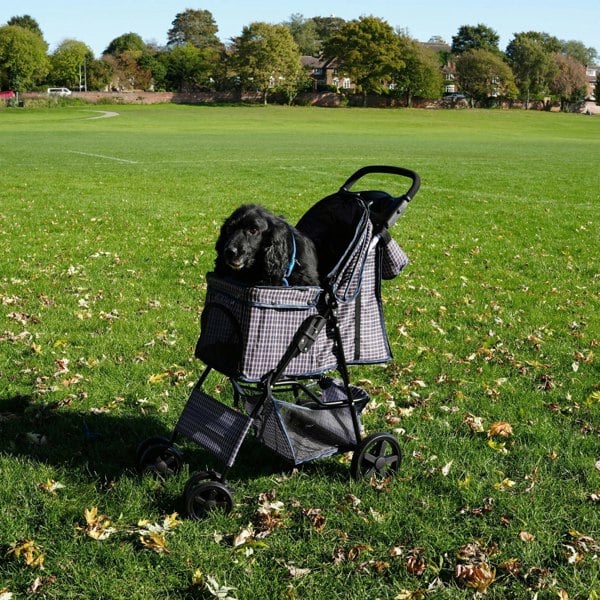 Monstershop Pet Stroller with Rain Cover & Caddy Bag - Blue Tartan