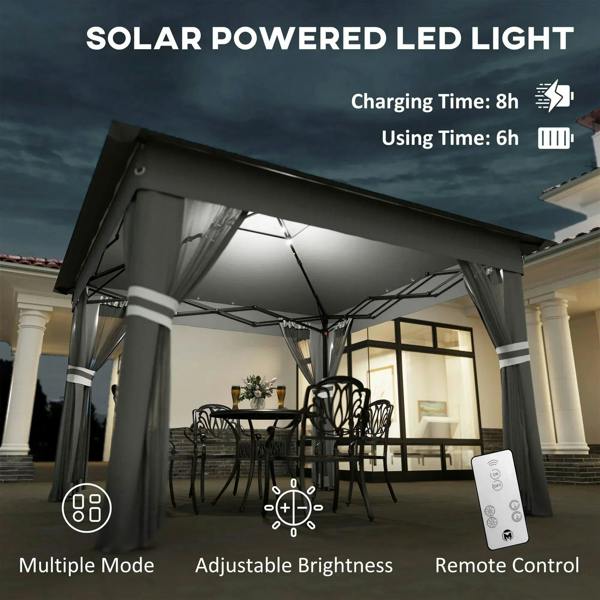 Grey pop-up gazebo tent with solar-powered LED lights and adjustable brightness modes