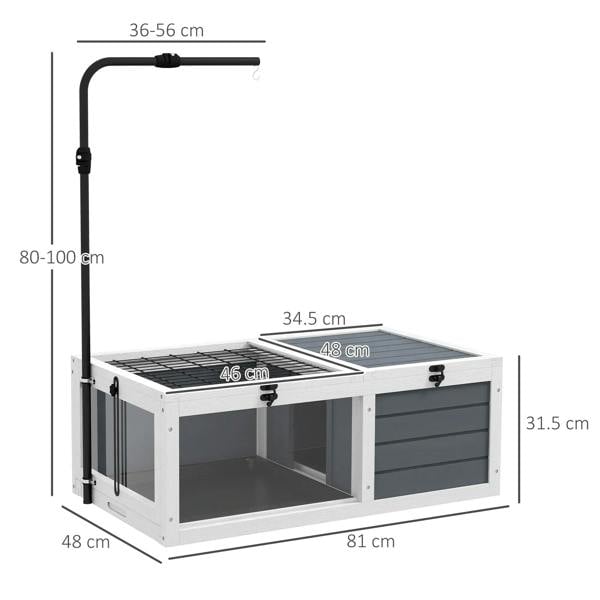 Tortoise habitat table with wire mesh basking area and grey front drawer panels.