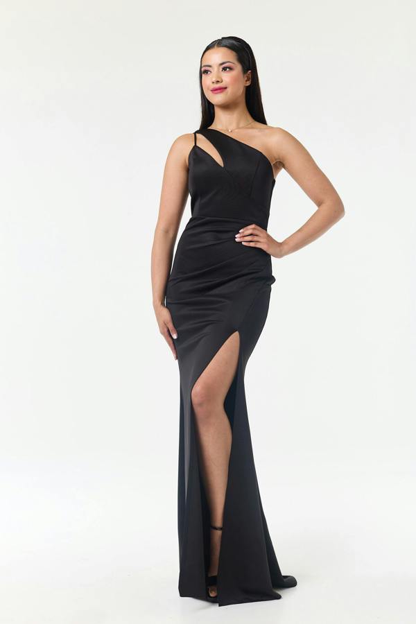 LuvForever Oriana - Black One Shoulder Side Slit Maxi Dress