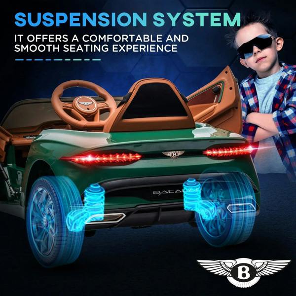 Green kids electric car rear view with glowing LED lights and child