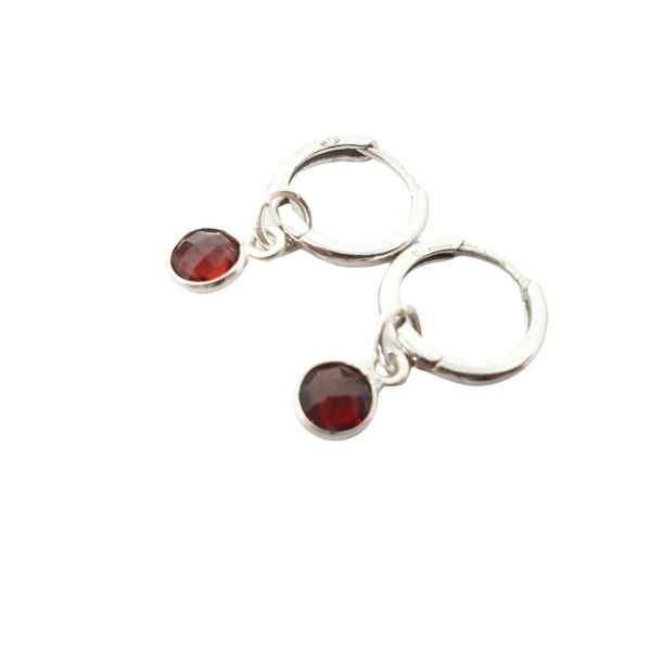 Mini Garnet Charm January Birthstone Silver Huggies