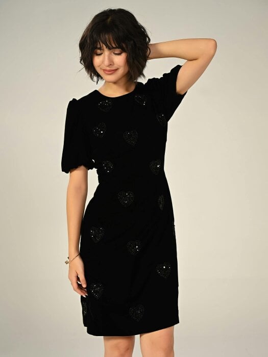 Rose & Nancy Rosheen Black Velevt Hand Embellished Heart Mini Dress