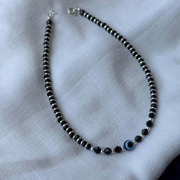 The Colourful Aura 925 Silver Black Beaded Evil Eye Nazar Payal Anklet