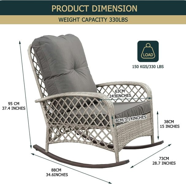 Furniture One Patio Rattan Rocking Chair, Wicker Rocking Armchair with Soft Cushion, All-Weather Steel Frame Relaxer Rocker Chair