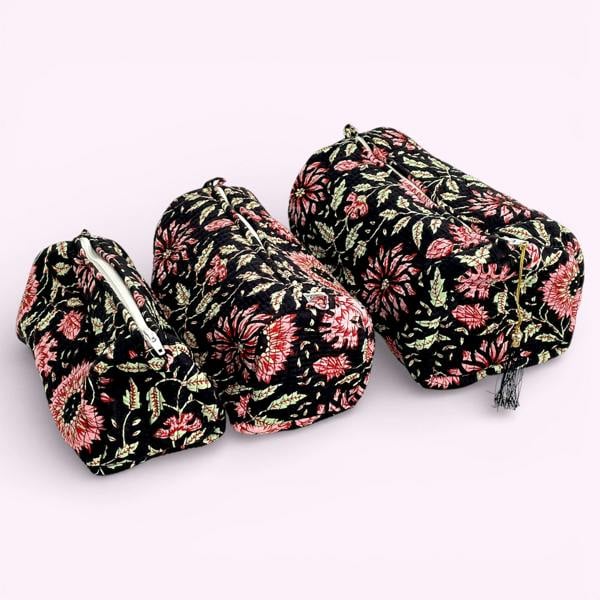 Hayley & Co Black and Pink Floral Block Print Cotton Washbag, Make Up Bag, Pencil Case with Waterproof Lining - Pink Sunflower Print
