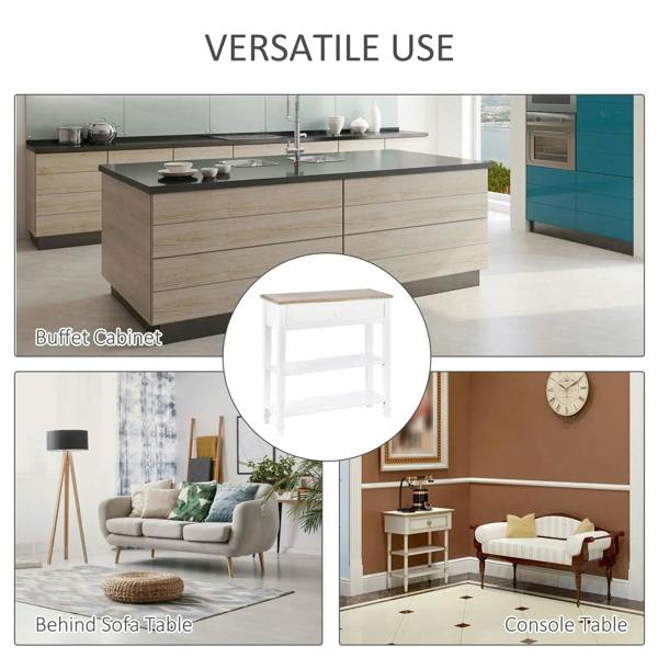 White console table with wood top and open storage shelves for entry or living areas