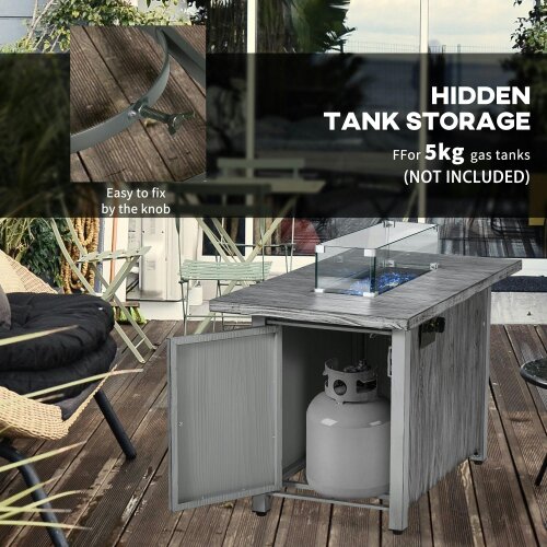 Wyld Haus Zisefasu Steel Grey Wood Effect Gas Fire Pit Table with Cover And Glass Screen