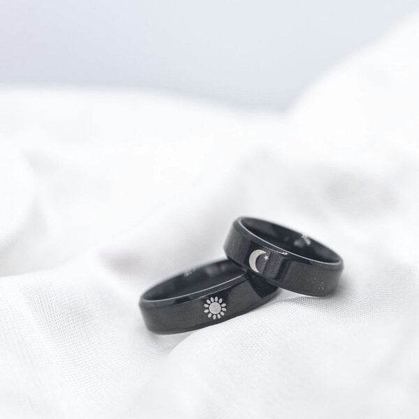 The Colourful Aura Black Band Matching Couple Moon and Sun Promise Ring set