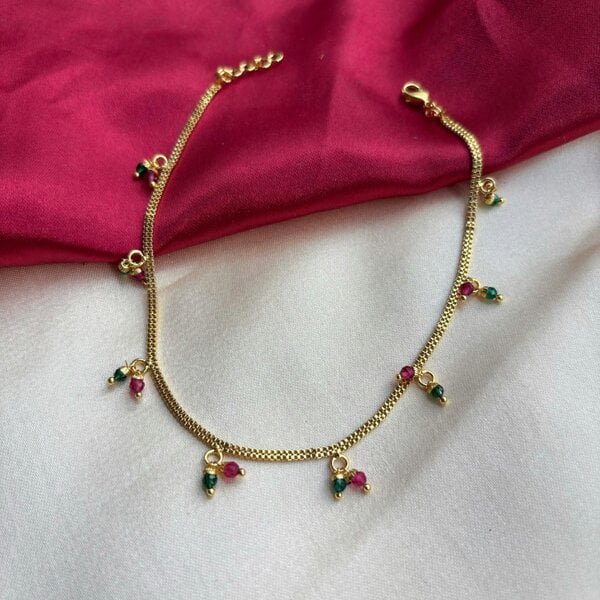 The Colourful Aura Golden Brass Rounds Red Green Beads Indian Payal Anklet