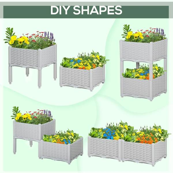 Grey rattan-effect planter set shown in different shapes, with woven texture and legs