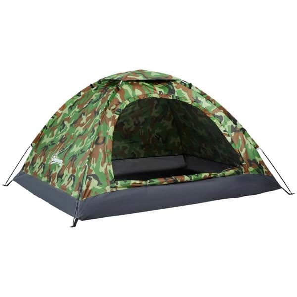 2-person dome camping tent in multicolour camouflage with front zip door and mesh window