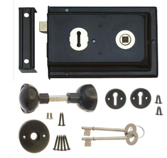 EDH Door Hardware Rim Lock and Handle Set – Sash Lock Shed Door Lock with Key – Gate Lock Kit.